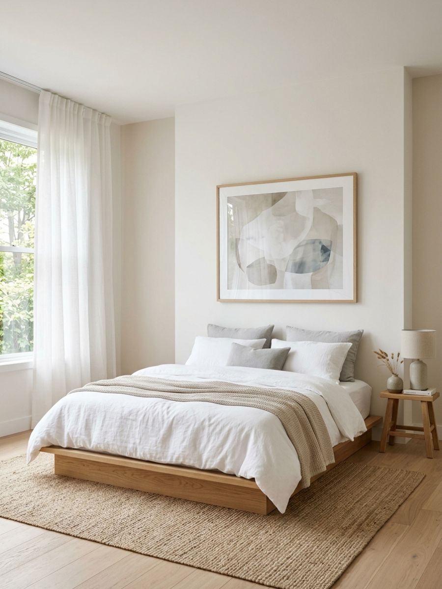 Single impactful wall art piece in a minimalist bedroom