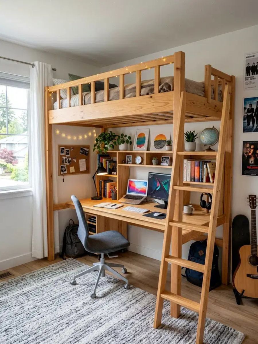 Loft bed with a full home office setup underneath in a small bedroom