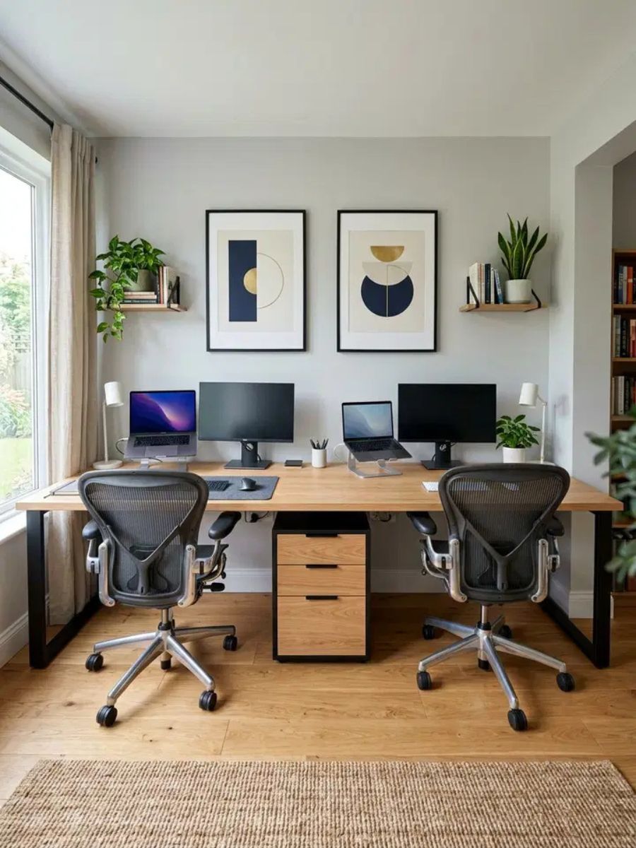 Long shared double desk along a bedroom wall for two remote workers