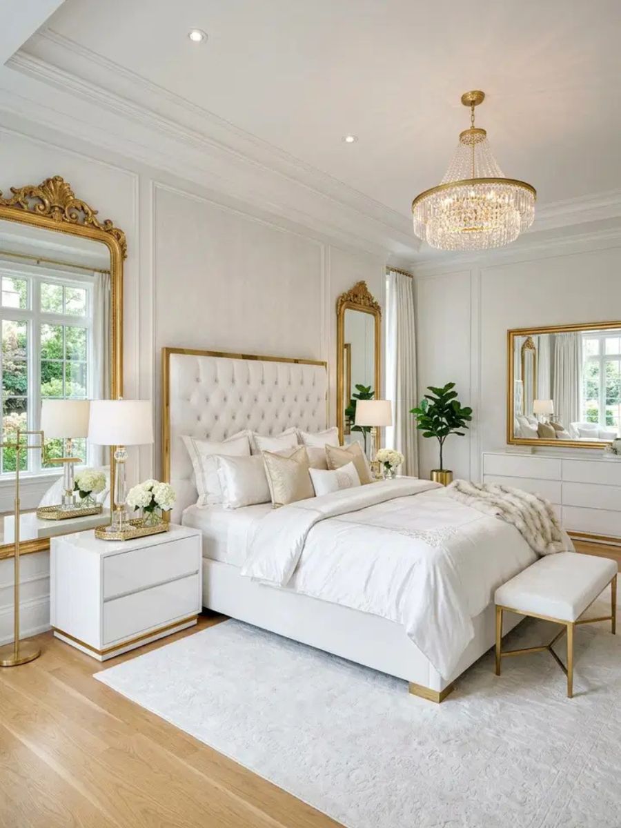 Luxury white bedroom with velvet bedding, large upholstered headboard and gold accent lamp