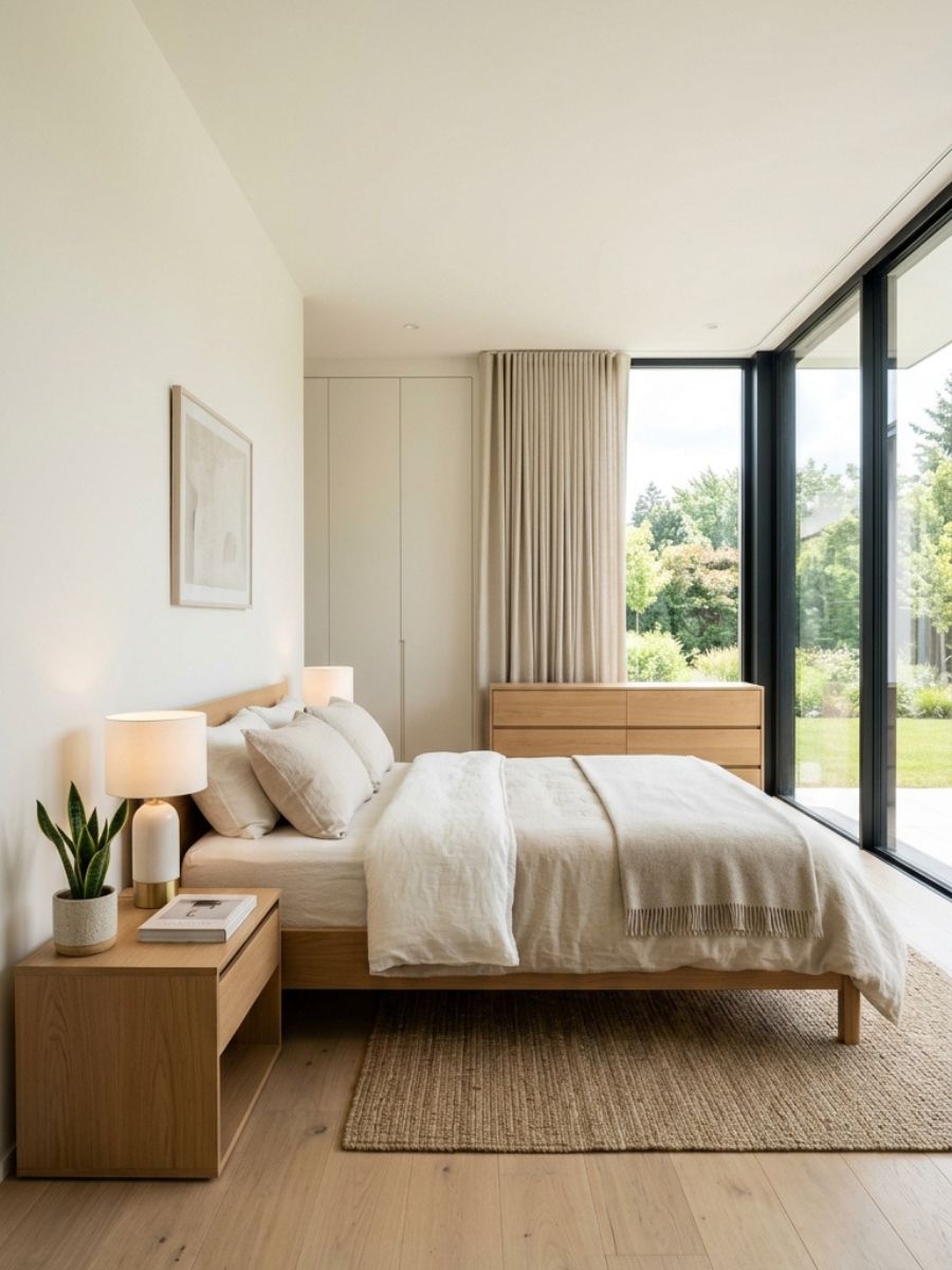 Clear clutter-free nightstand and dresser surfaces in minimalist bedroom
