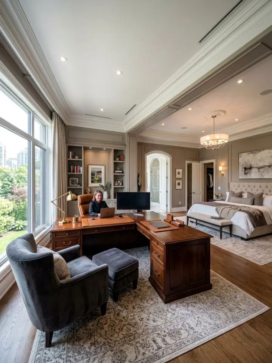 Large master bedroom with a full executive desk and home office area in the corner