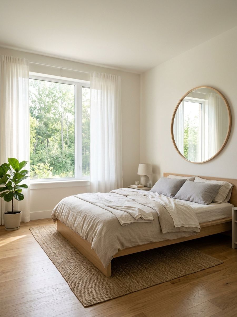Bright minimalist bedroom with sheer curtains maximizing natural light