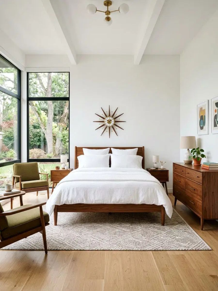 Mid-century modern white bedroom with tapered wooden leg furniture and sunburst mirror