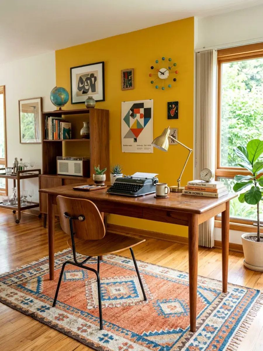 Mid-century modern bedroom desk with tapered legs and wood grain for a retro home office