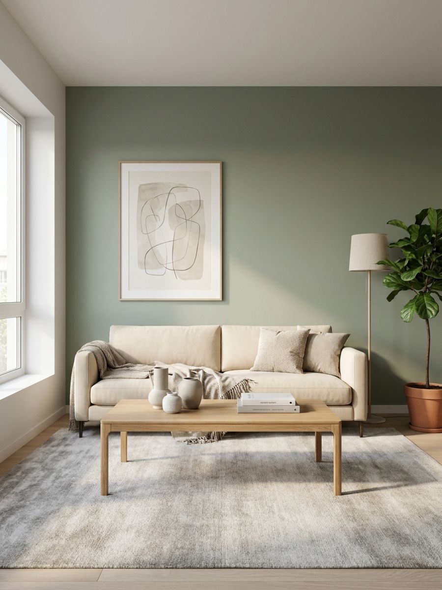 elegant minimal living room with muted green wall, clean-lined furniture, and simple decor