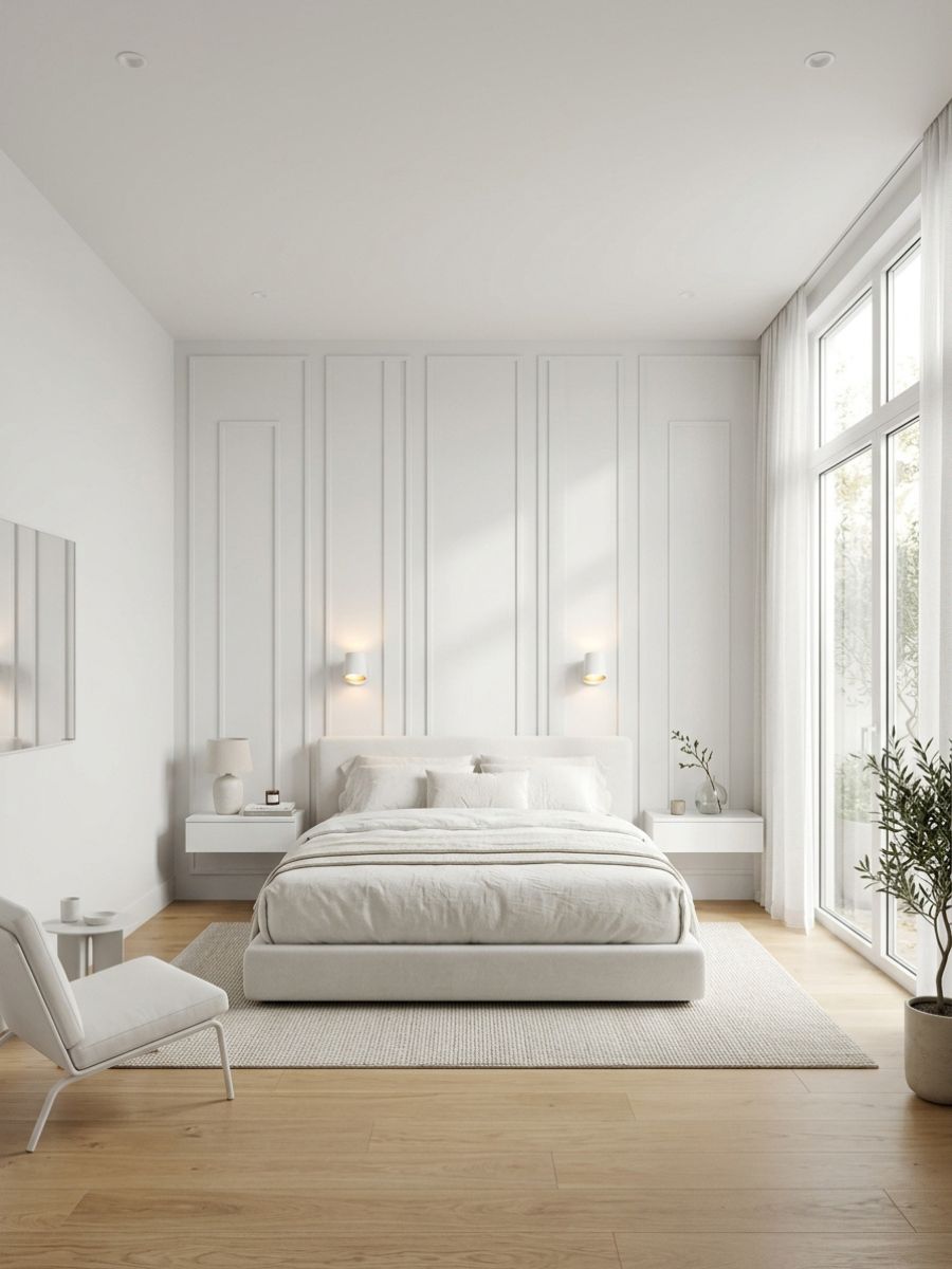 All-white minimal panel wall bedroom with crisp modern aesthetic
