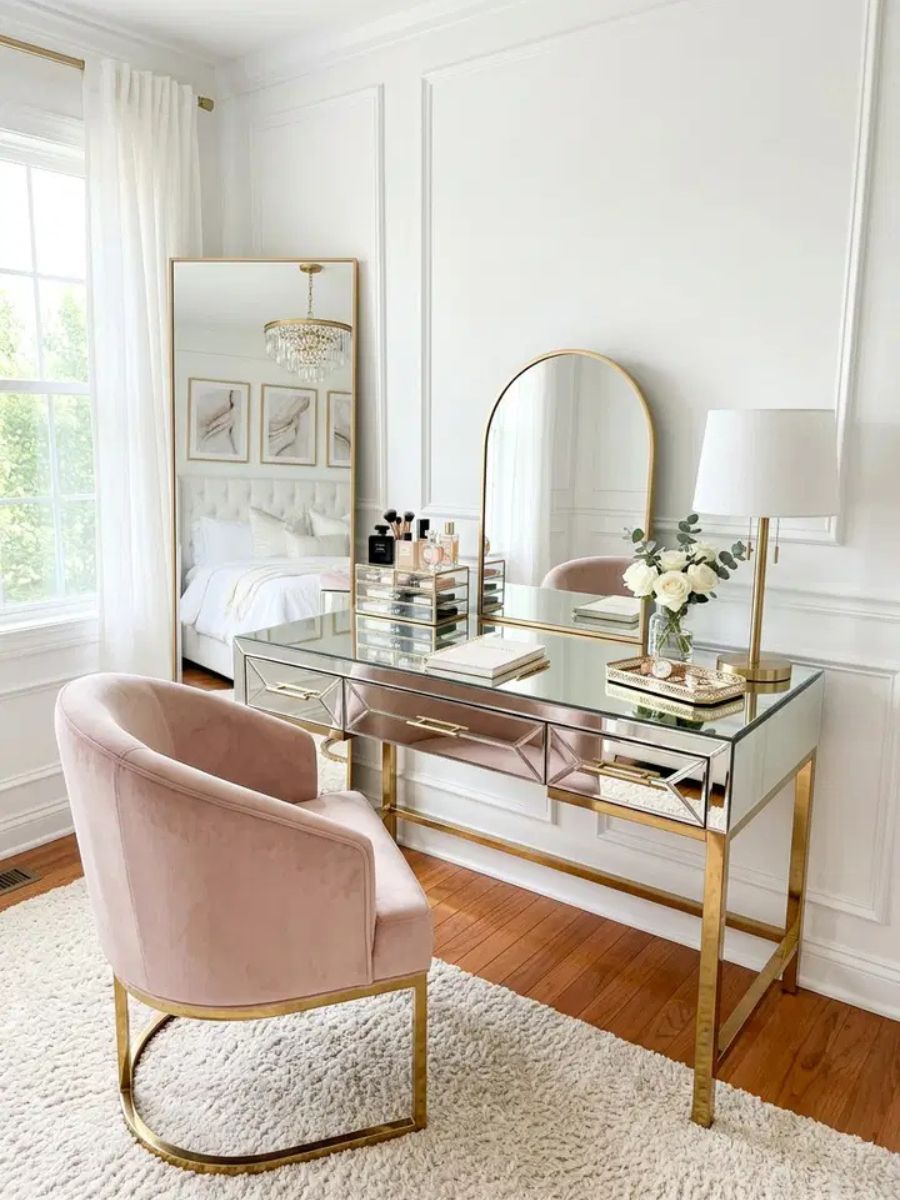 Glamorous mirrored surface desk in a bedroom office reflecting light around the room