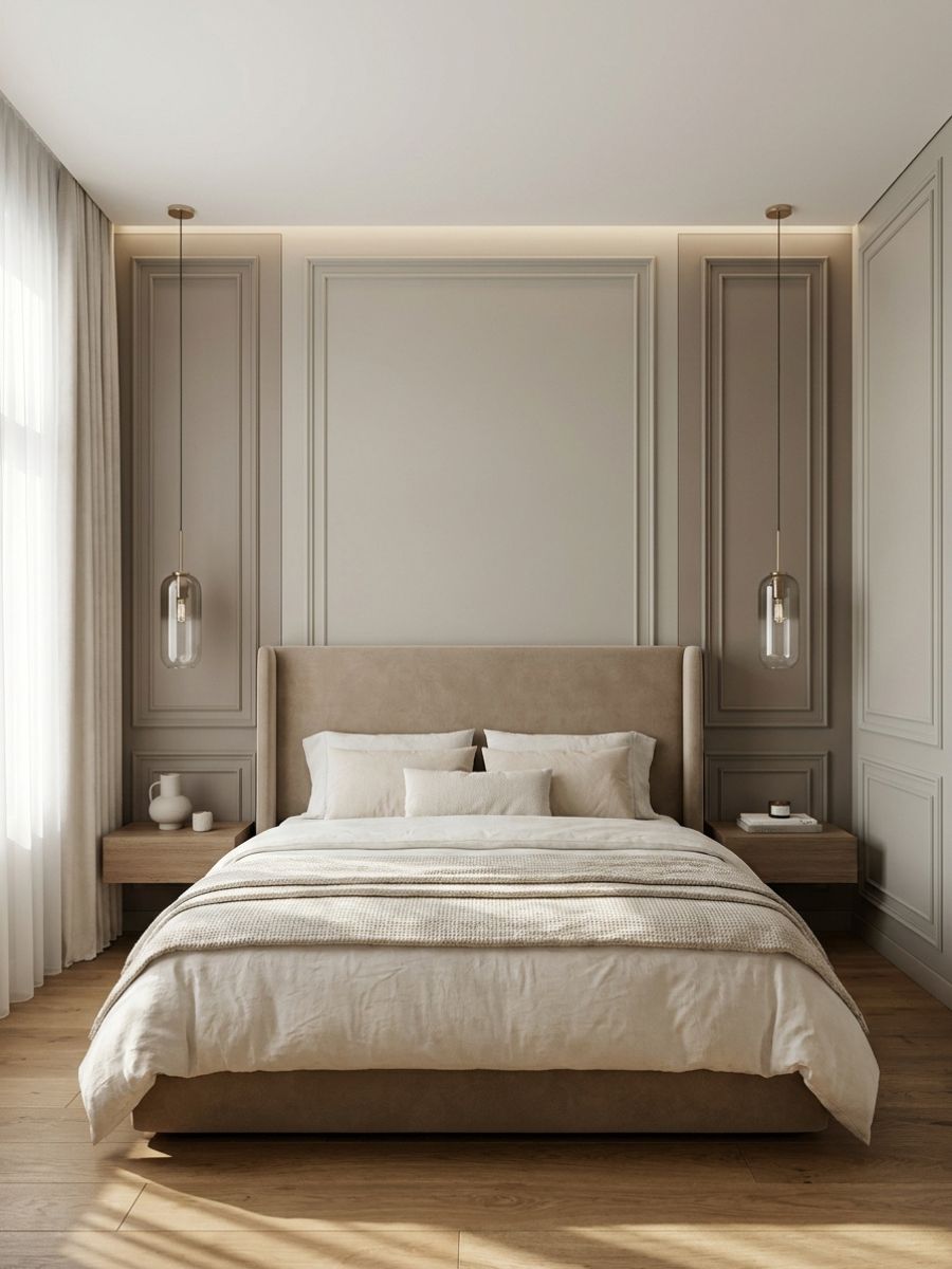 Modern symmetrical framed panel wall bedroom with sleek pendant lighting and a refined hotel-like aesthetic