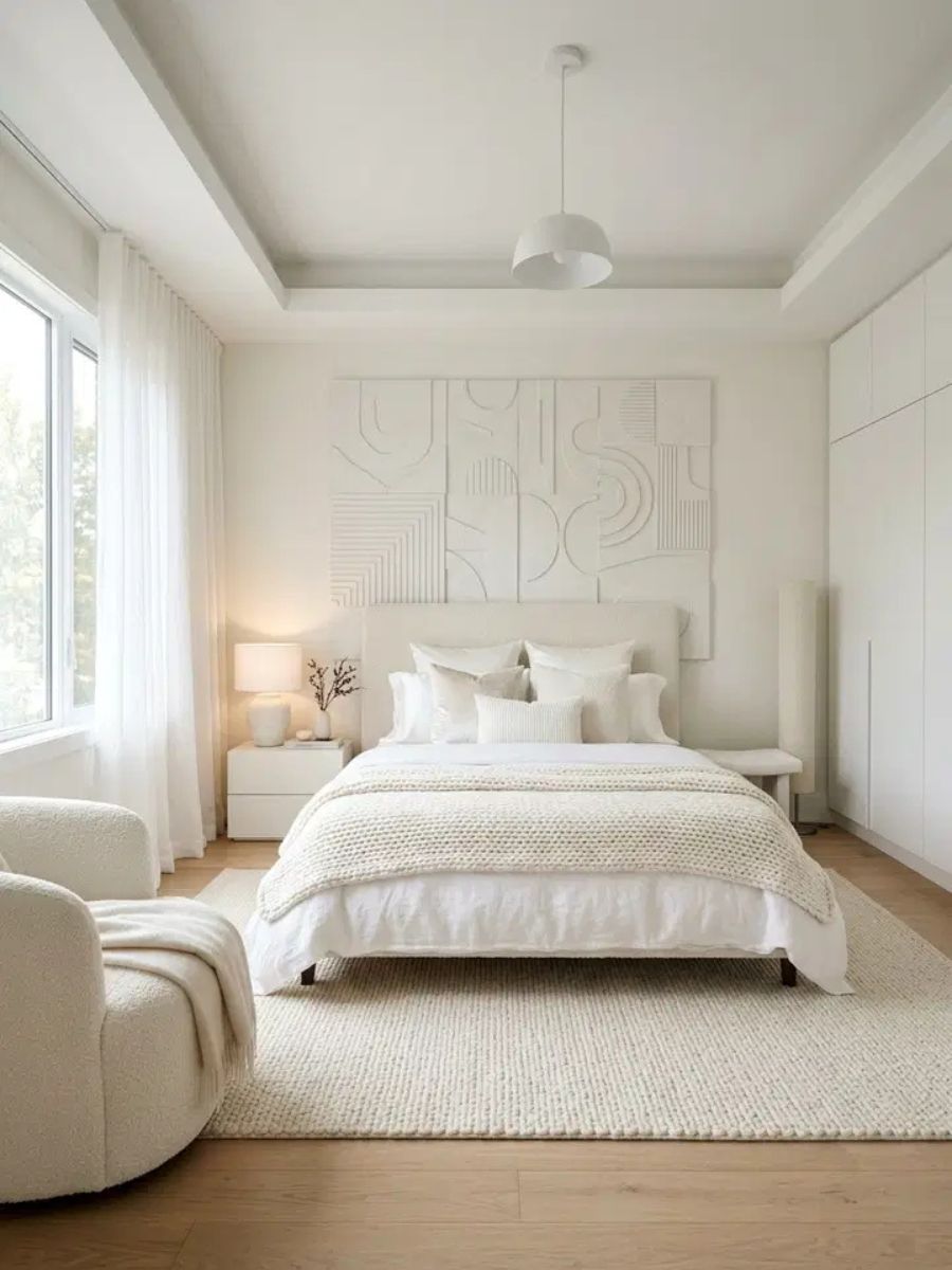 Monochrome white bedroom using varied textures of wool, silk and linen to create visual depth