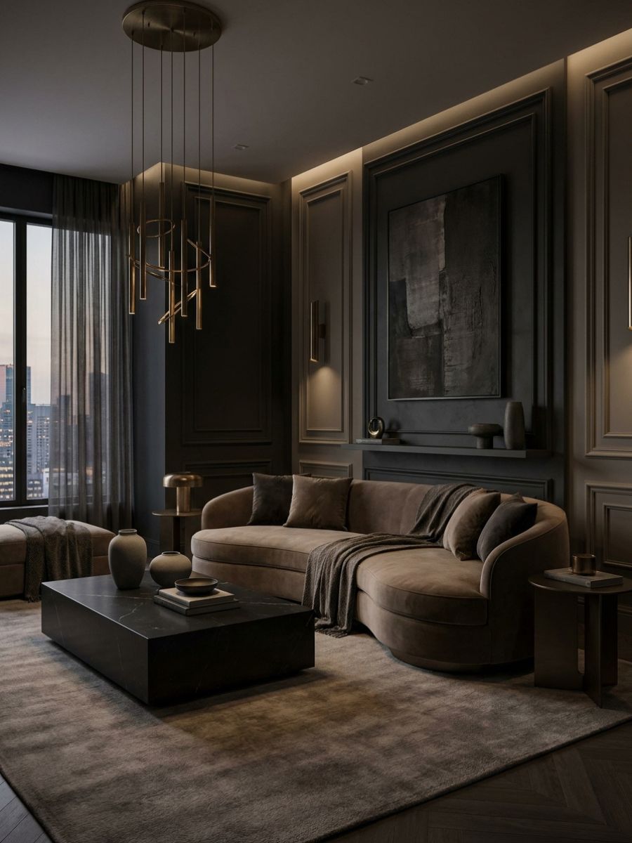 elegant living room with charcoal walls, metallic details, and structured modern furniture
