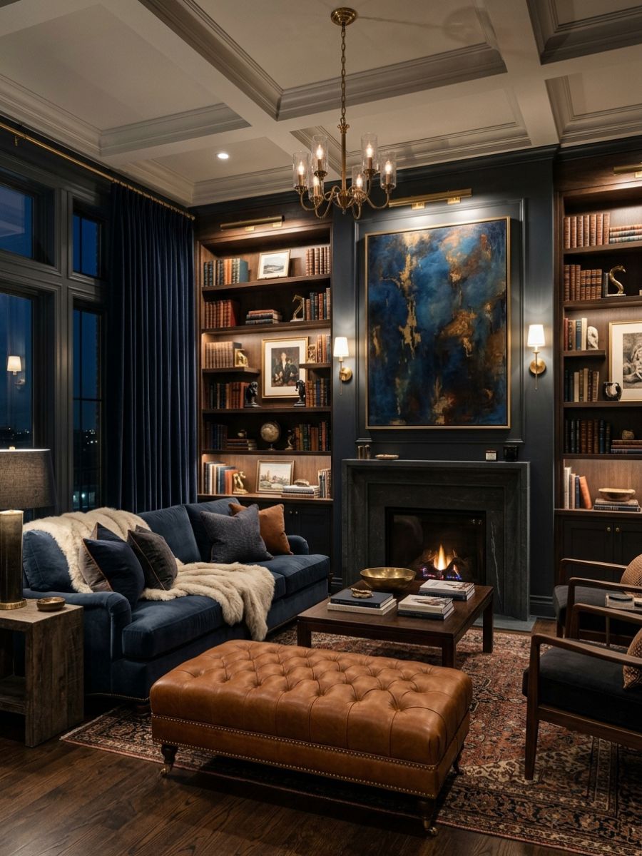 elegant moody living room with deep walls, built-in shelves, oversized artwork, and warm leather accent pieces