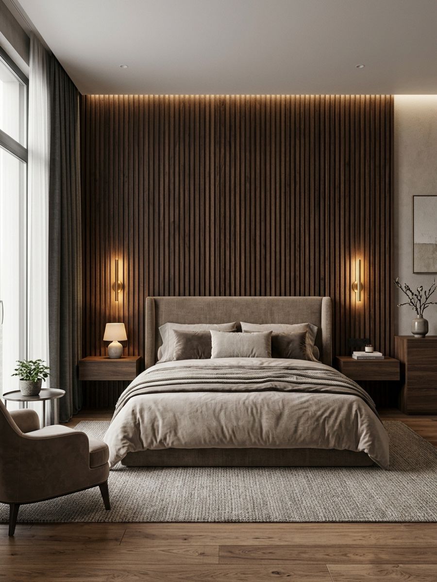 Deep wood slat panel wall in dark moody bedroom with neutral bedding