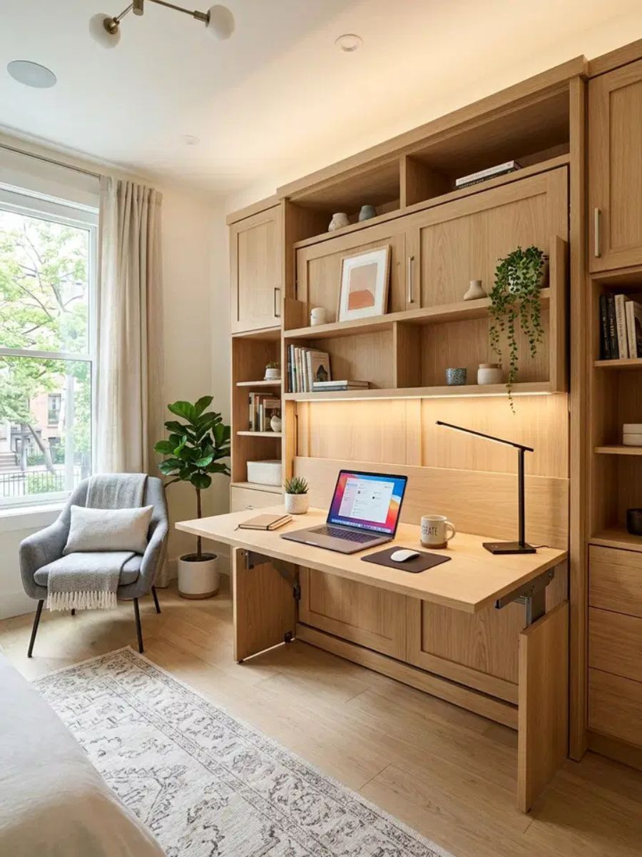 Murphy bed with integrated fold-down desk for a multi-functional bedroom office combo
