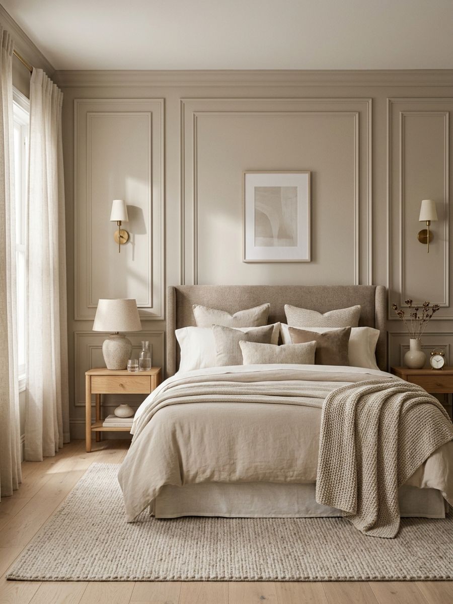 Neutral layered panel wall bedroom where textures and soft tones take centre stage