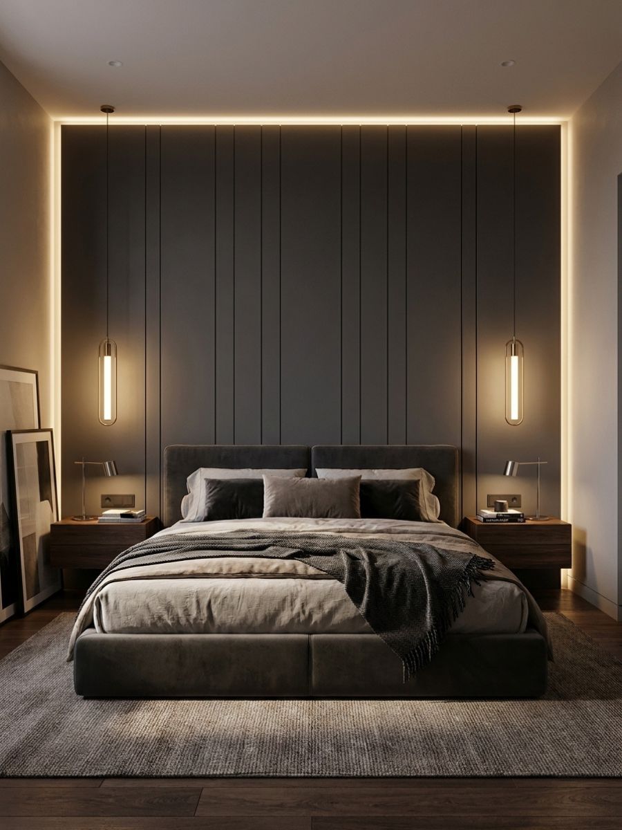 Deep toned bedroom panel wall with hanging pendant lights for a moody modern atmosphere