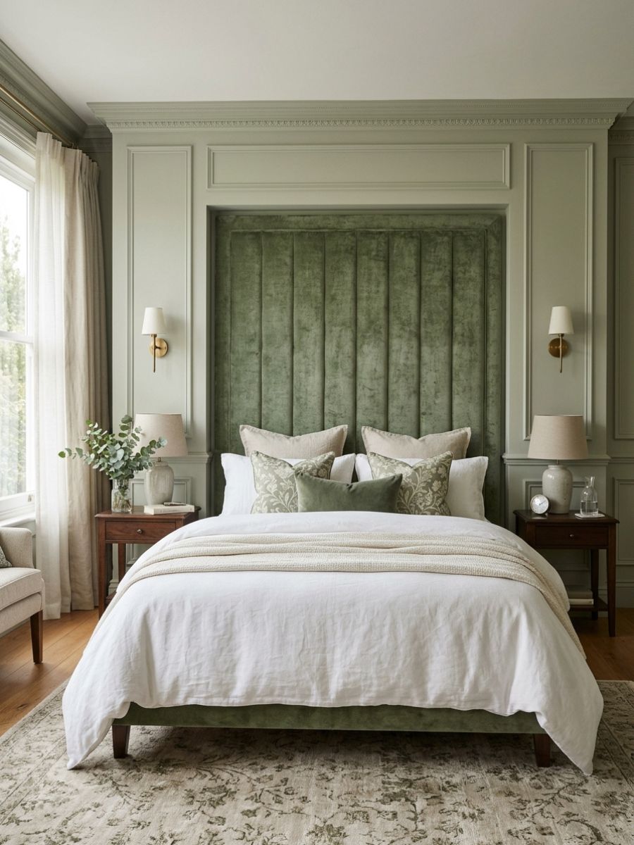 Bedroom with soft green paneled wall and statement upholstered headboard creating a seamless feature wall