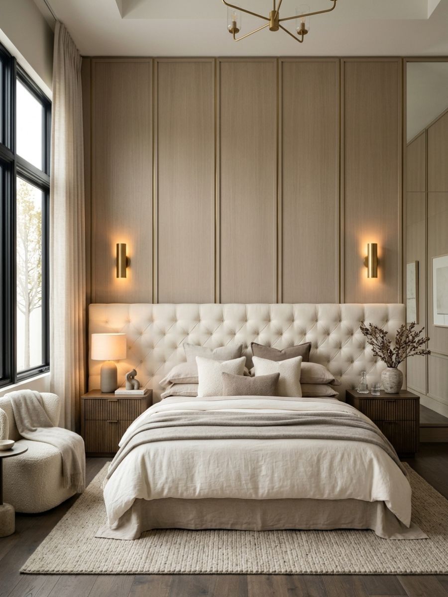 Vertical panel wall paired with tufted upholstered headboard for a cozy tailored bedroom look