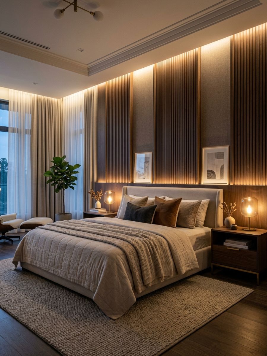 Bedroom panel wall with LED backlighting creating a warm ambient glow above the bed