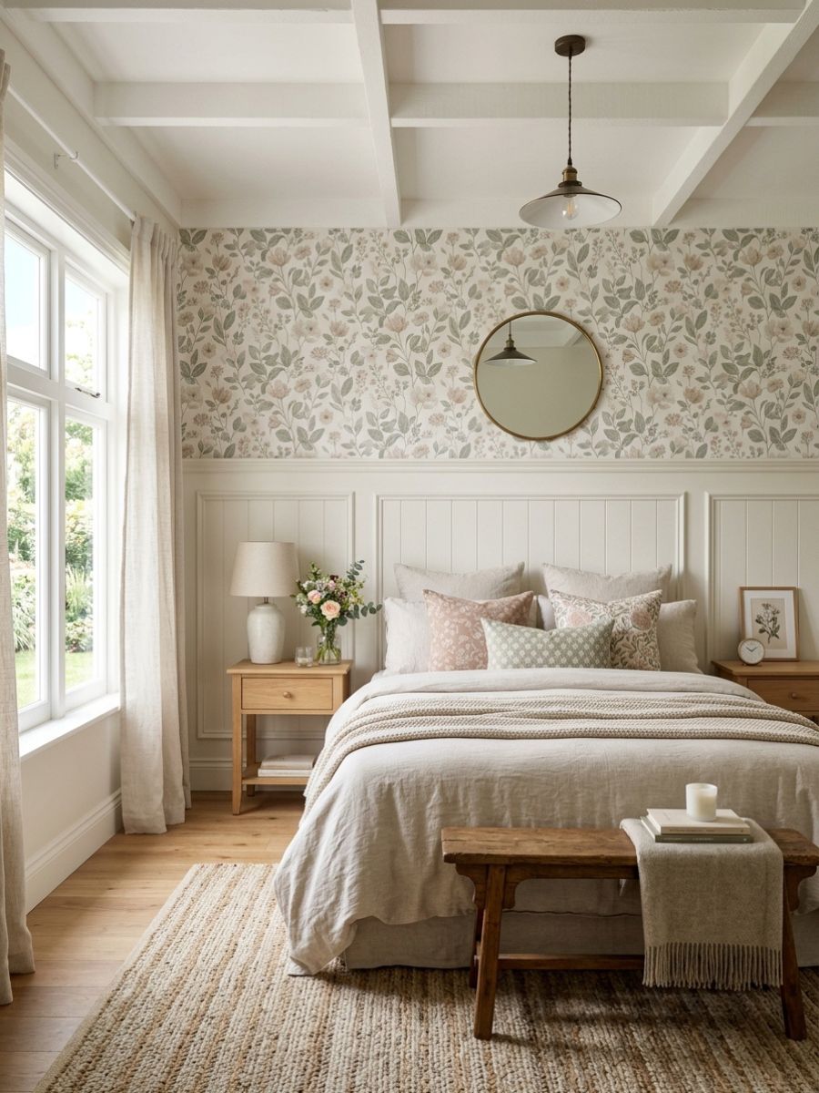 Bedroom with lower panel wainscoting and floral wallpaper above for a charming layered look