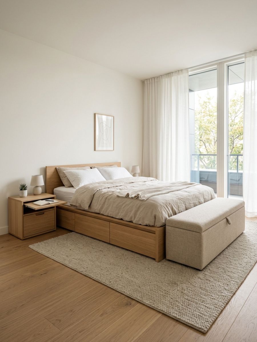 Purposeful personal touches in a minimalist bedroom sanctuary