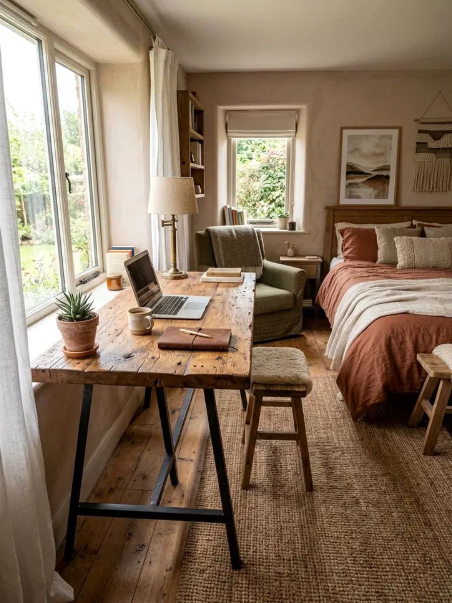Reclaimed wood bedroom desk with unique textures and character for a rustic workspace
