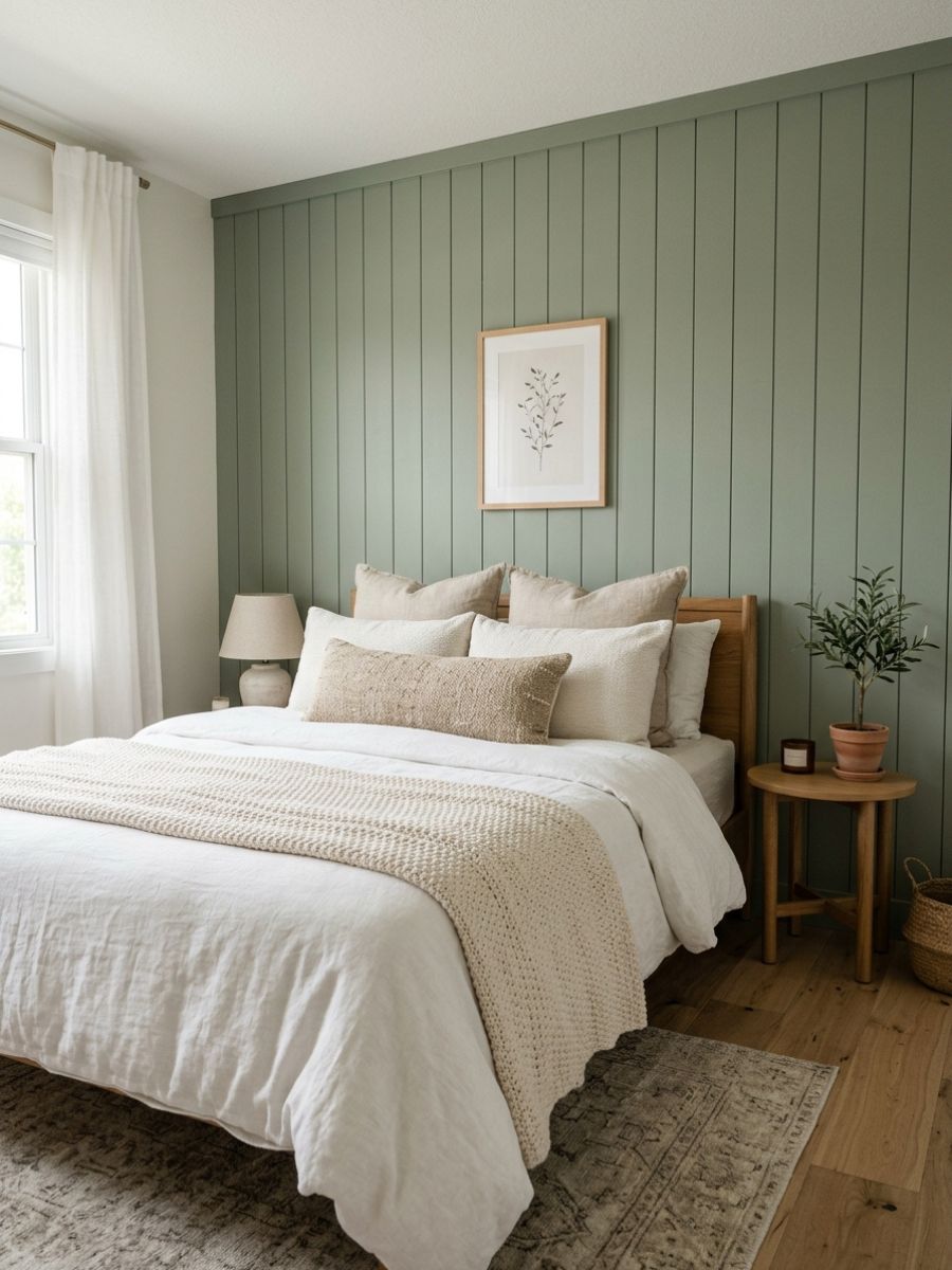 Muted sage green panel wall in neutral bedroom with soft bedding