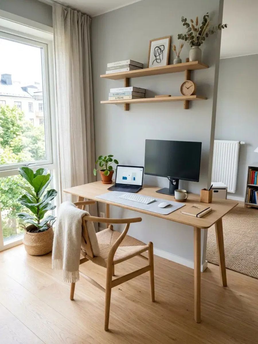 Scandinavian style bedroom office with light wood desk and neutral decor