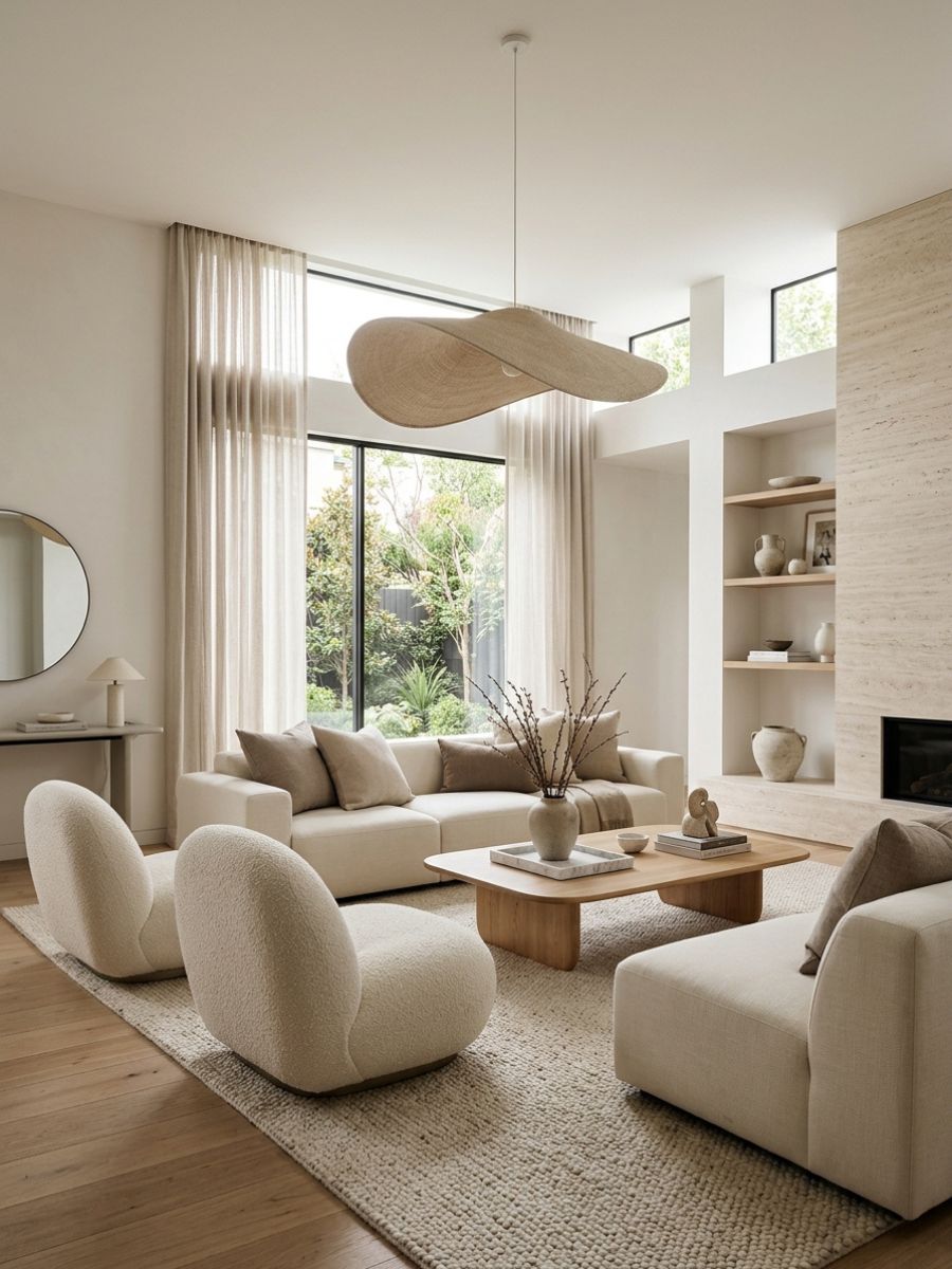 elegant minimal living room with boucle rounded chairs, wood details, and sculptural pendant light