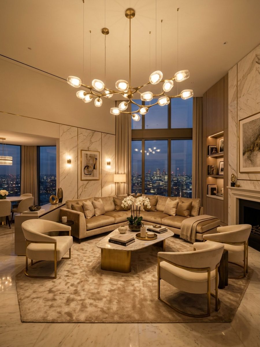 elegant glamorous living room with sculptural chandelier, gold accents, polished surfaces, and rich textures