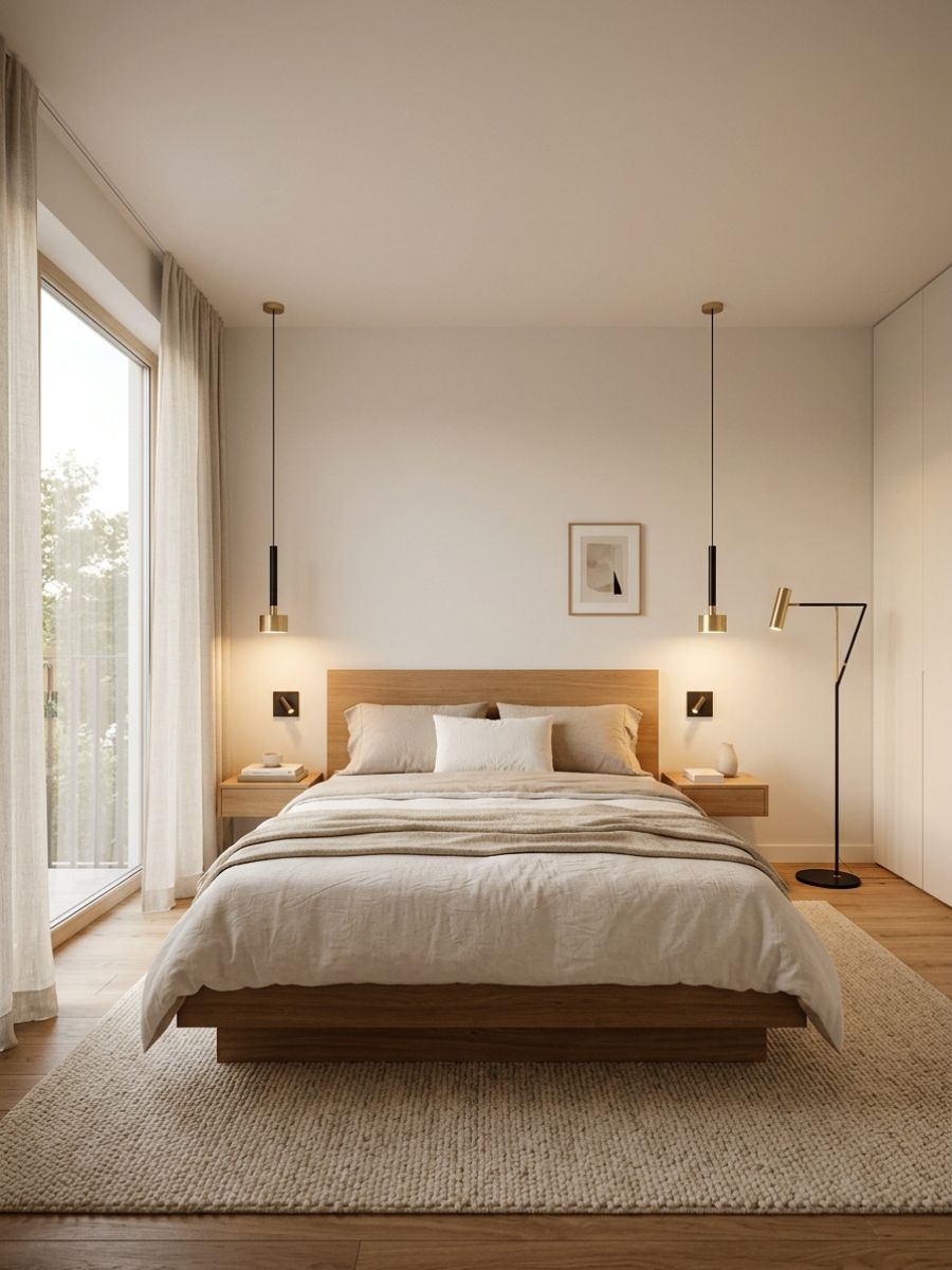 Sleek minimalist pendant lighting above bed in bedroom