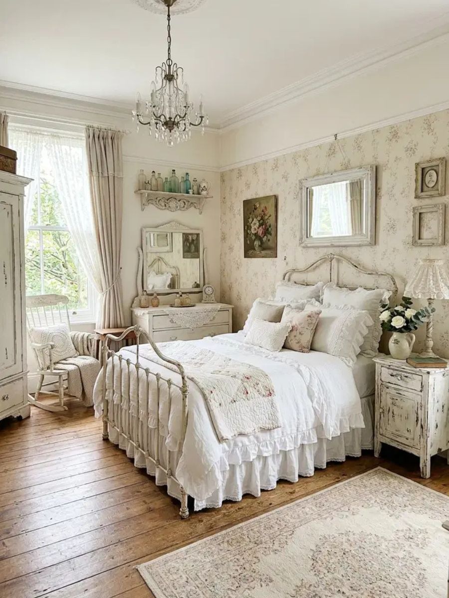 Shabby chic white bedroom with distressed furniture, lace textiles and antique iron bed frame