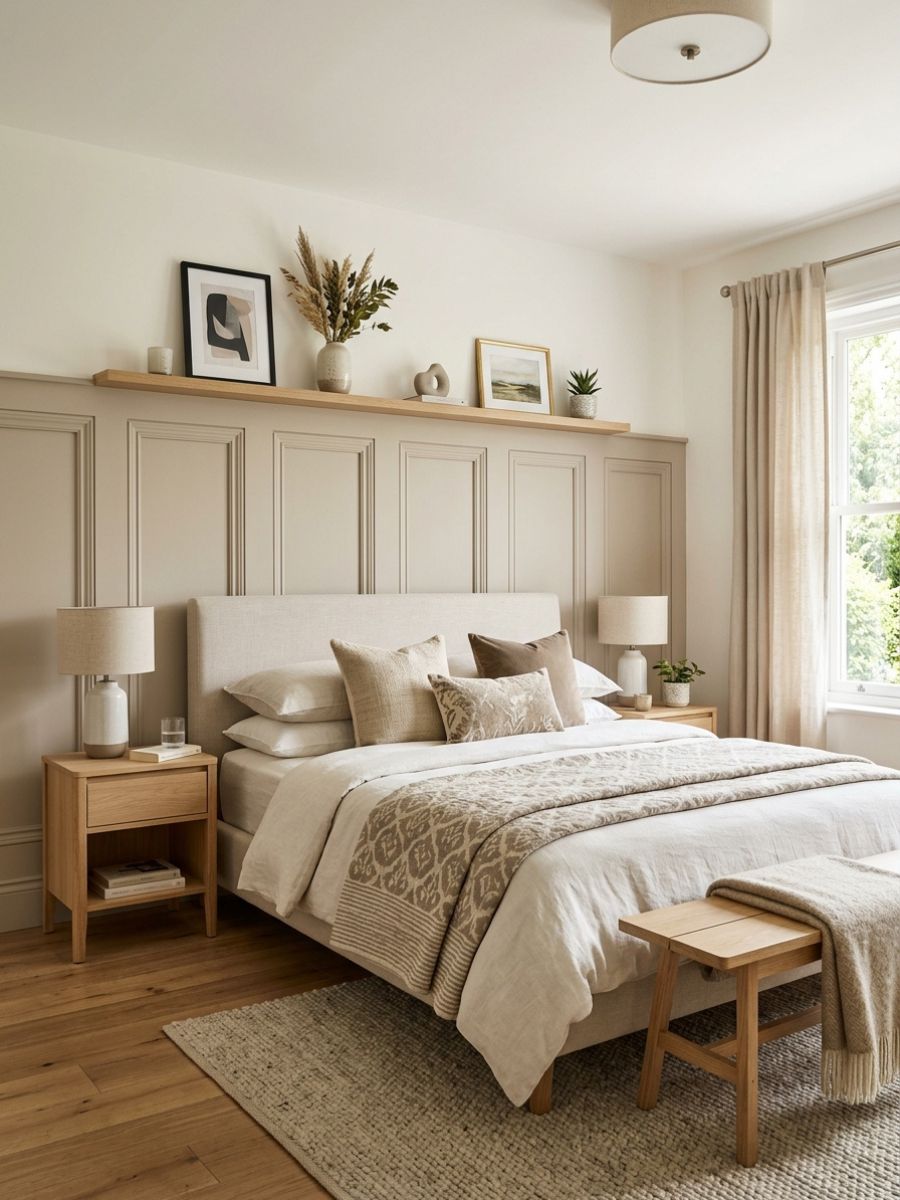 Half-height bedroom panel wall with ledge shelf above displaying art and decor
