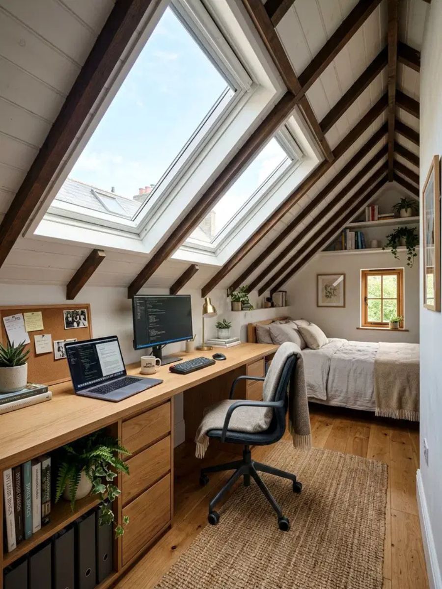 Bedroom desk installed under a slanted ceiling for a cozy private workspace nook