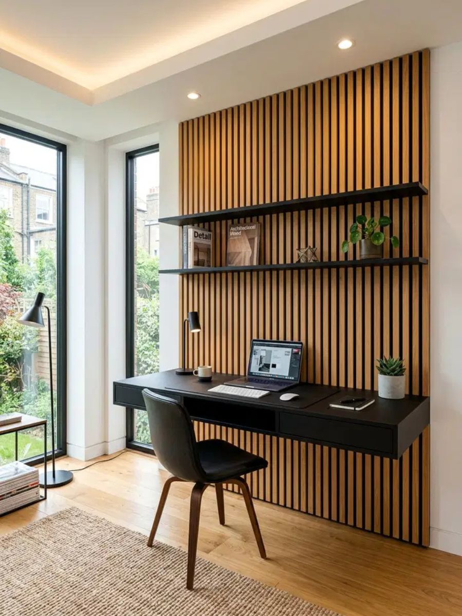 Slatted wood accent wall behind a bedroom desk creating texture and a defined office zone