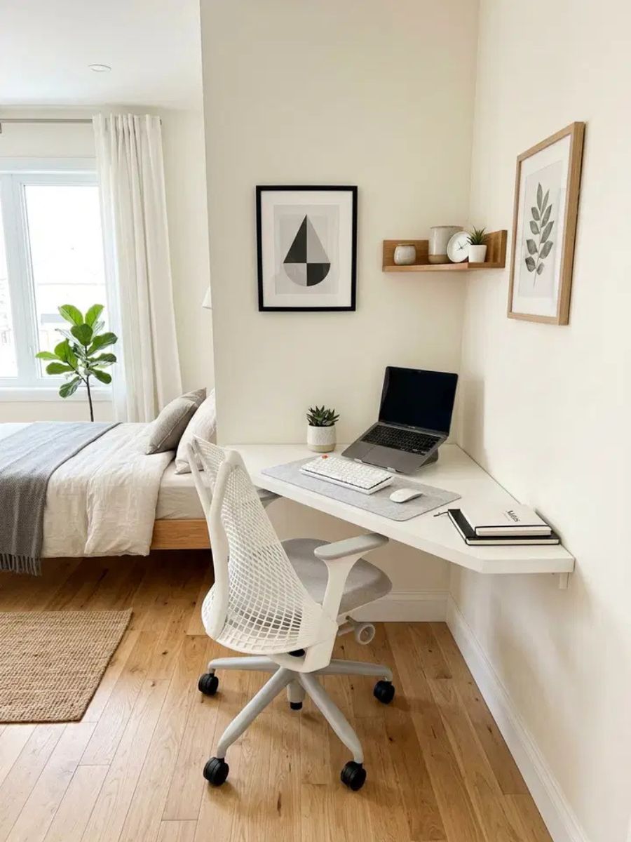 Small corner desk tucked into bedroom corner to create a compact workspace