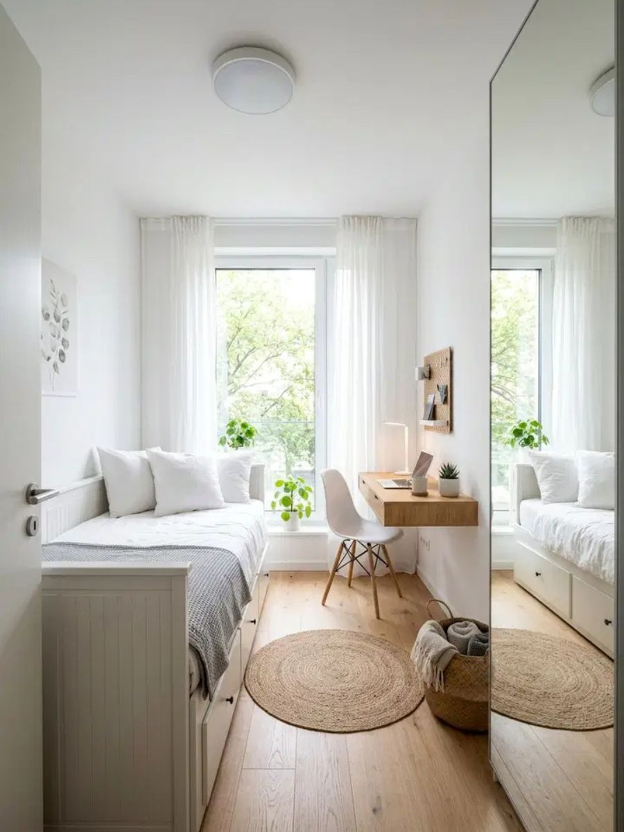 Small white bedroom with multi-functional furniture, wall-mounted desk and sheer blinds to maximise space