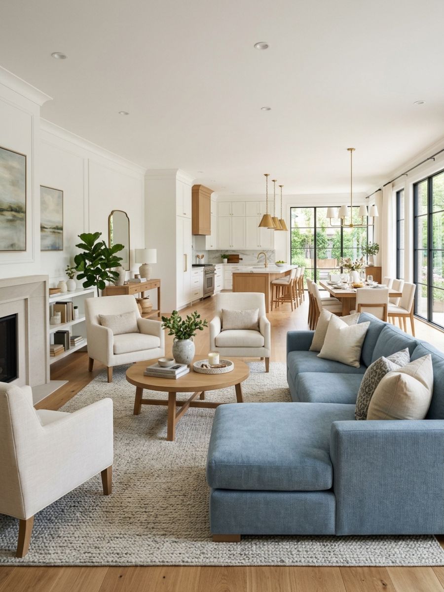 elegant everyday living room with soft blues, crisp whites, warm wood tones, and seamless open layout