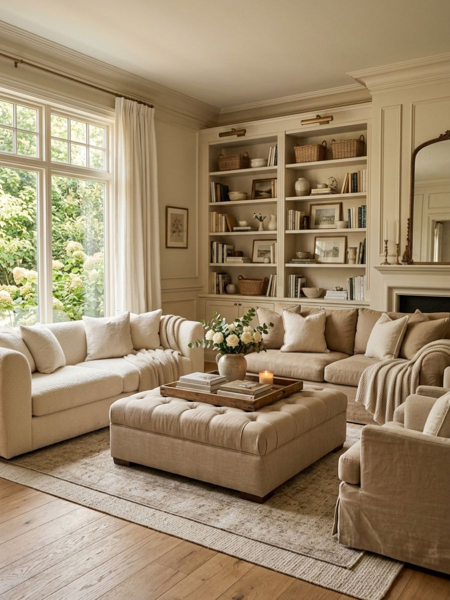 elegant cottage-style living room with creamy tones, tufted ottoman, built-in shelves, and plush seating