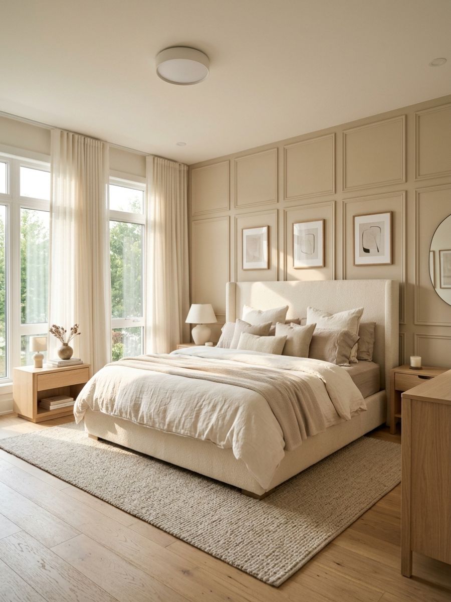 Clean grid panel wall in neutral bedroom with upholstered bed and soft sunlight