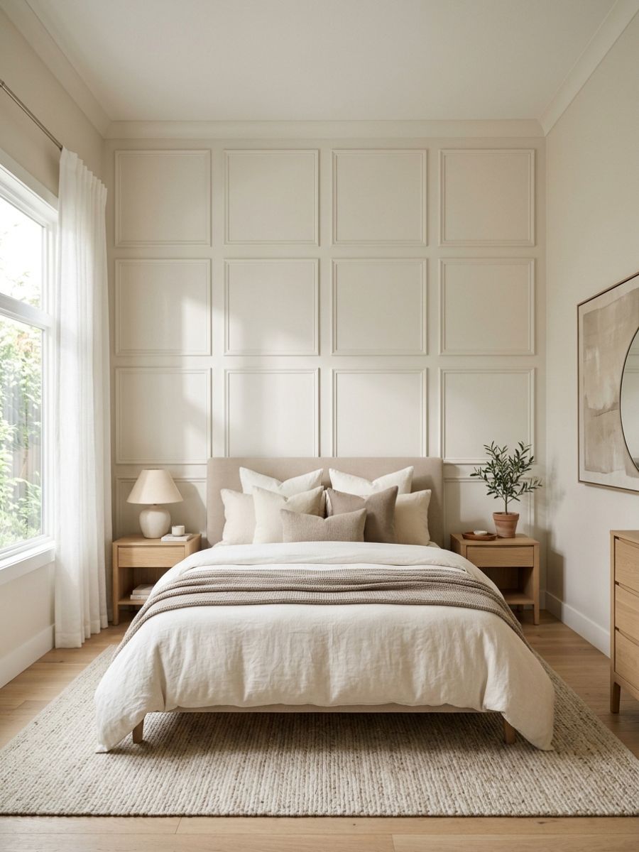 Soft barely-there grid panel wall in neutral bedroom with cozy layered bedding