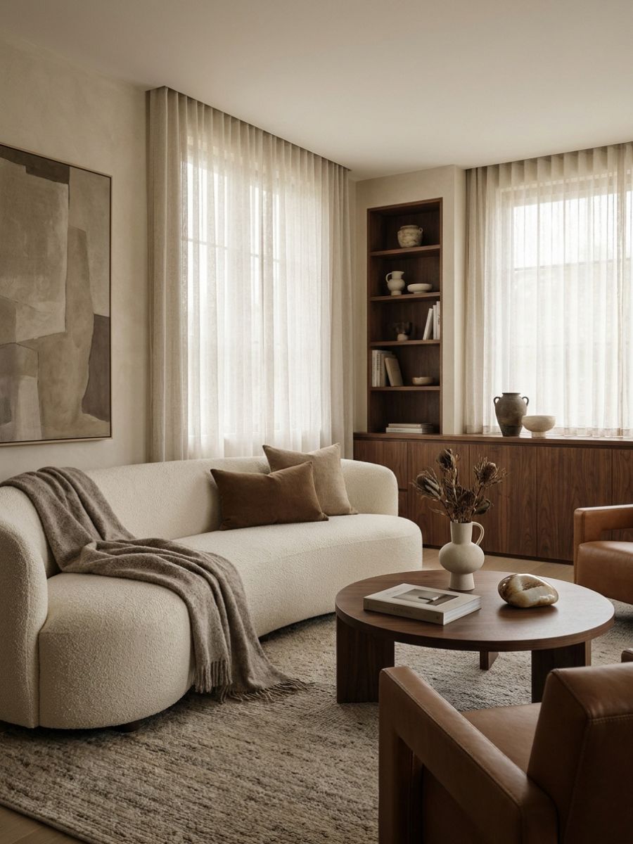 elegant living room with creamy upholstery, curved sofa, and warm brown accents