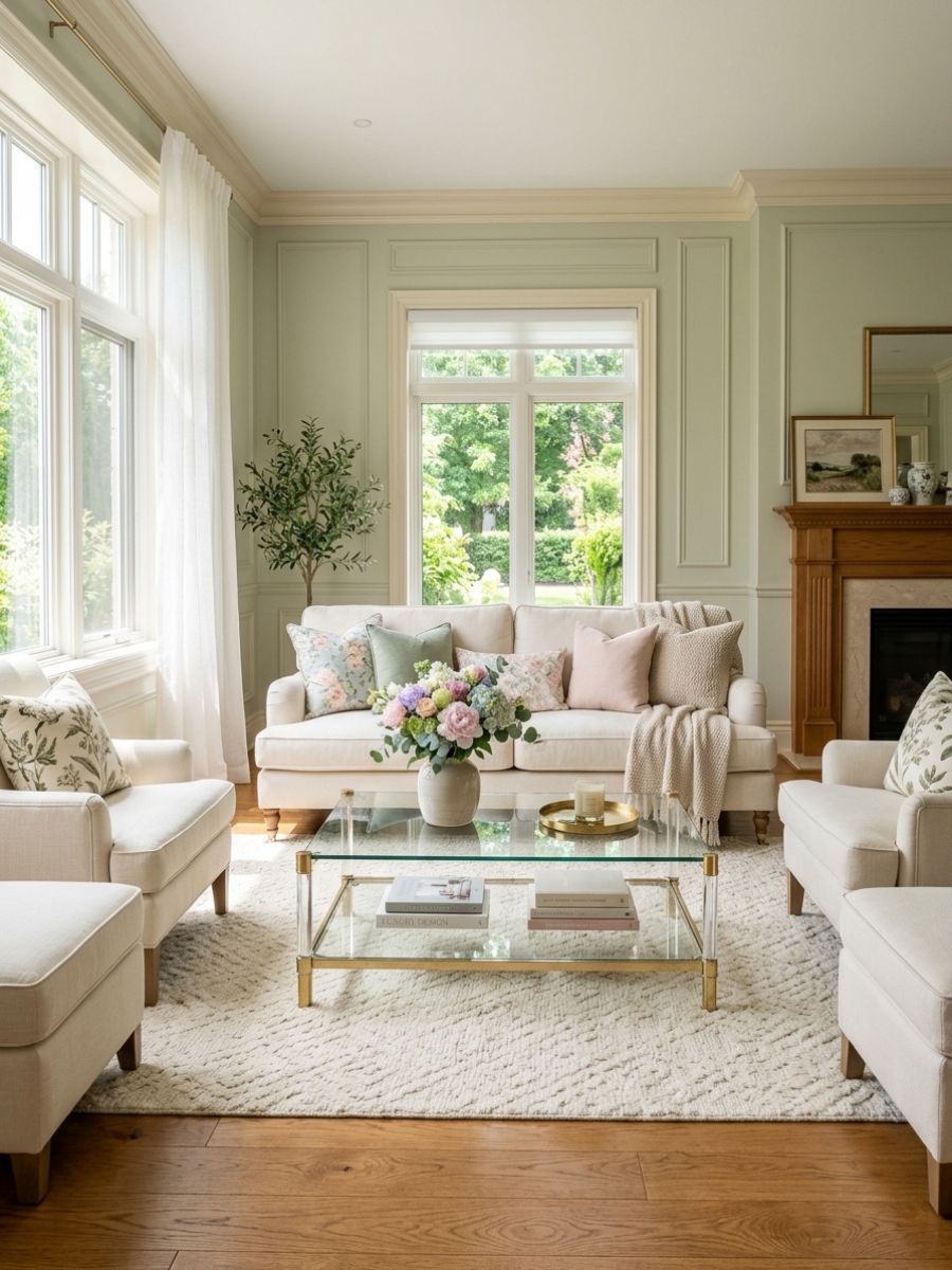elegant living room with pale greens, soft creams, delicate patterns, and glass coffee table