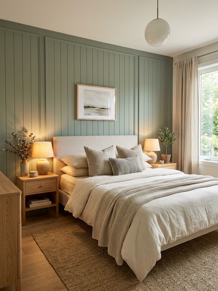 Muted sage panel wall with soft textiles and warm lighting creating a welcoming bedroom