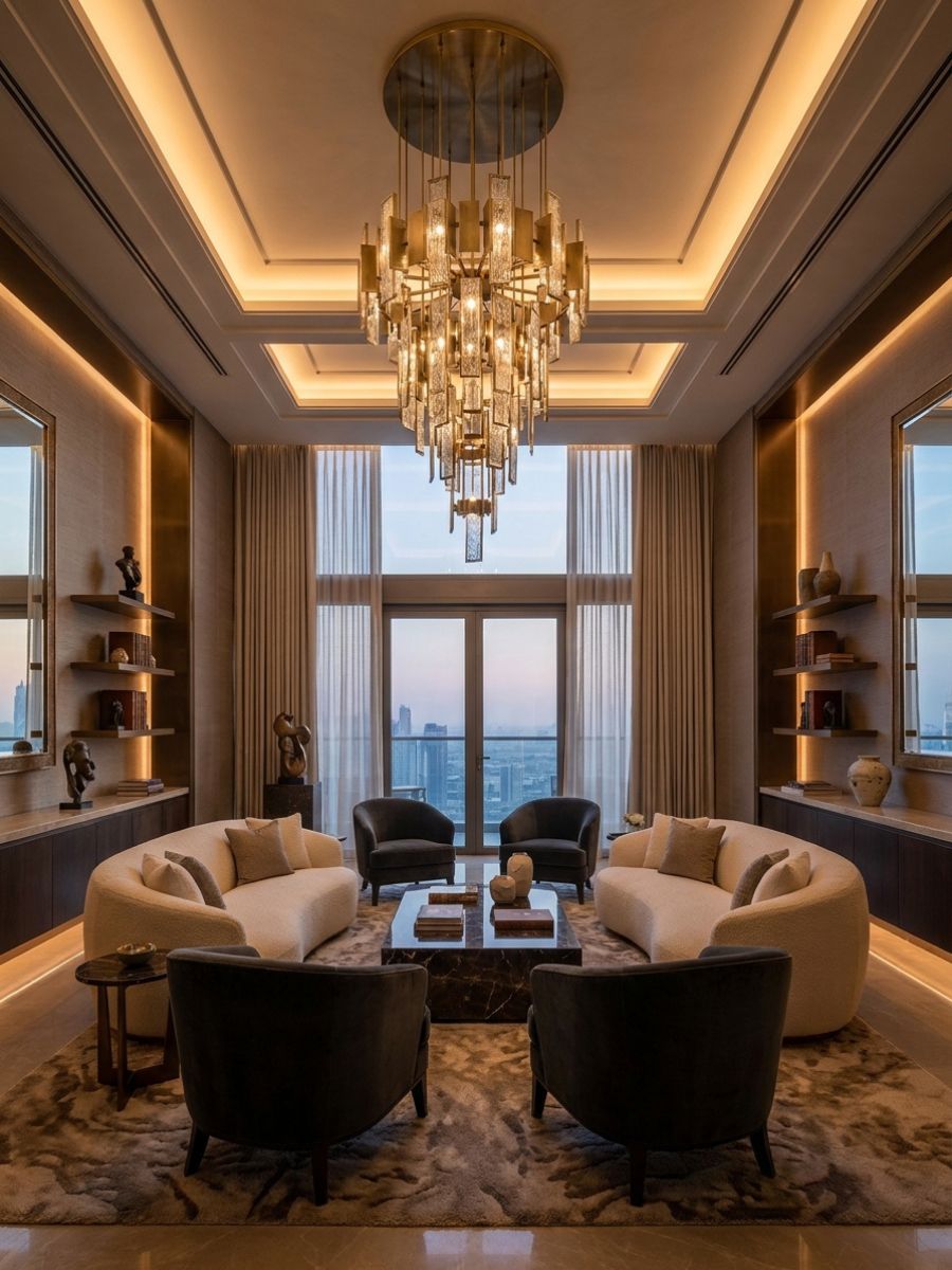 elegant living room with dramatic ceiling light installation, neutral seating, and deep tone accents