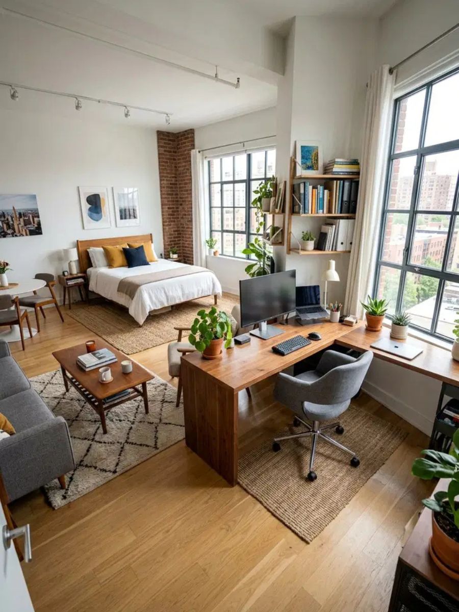 Studio apartment bedroom and office combined with rug zoning and slim multi-use desk