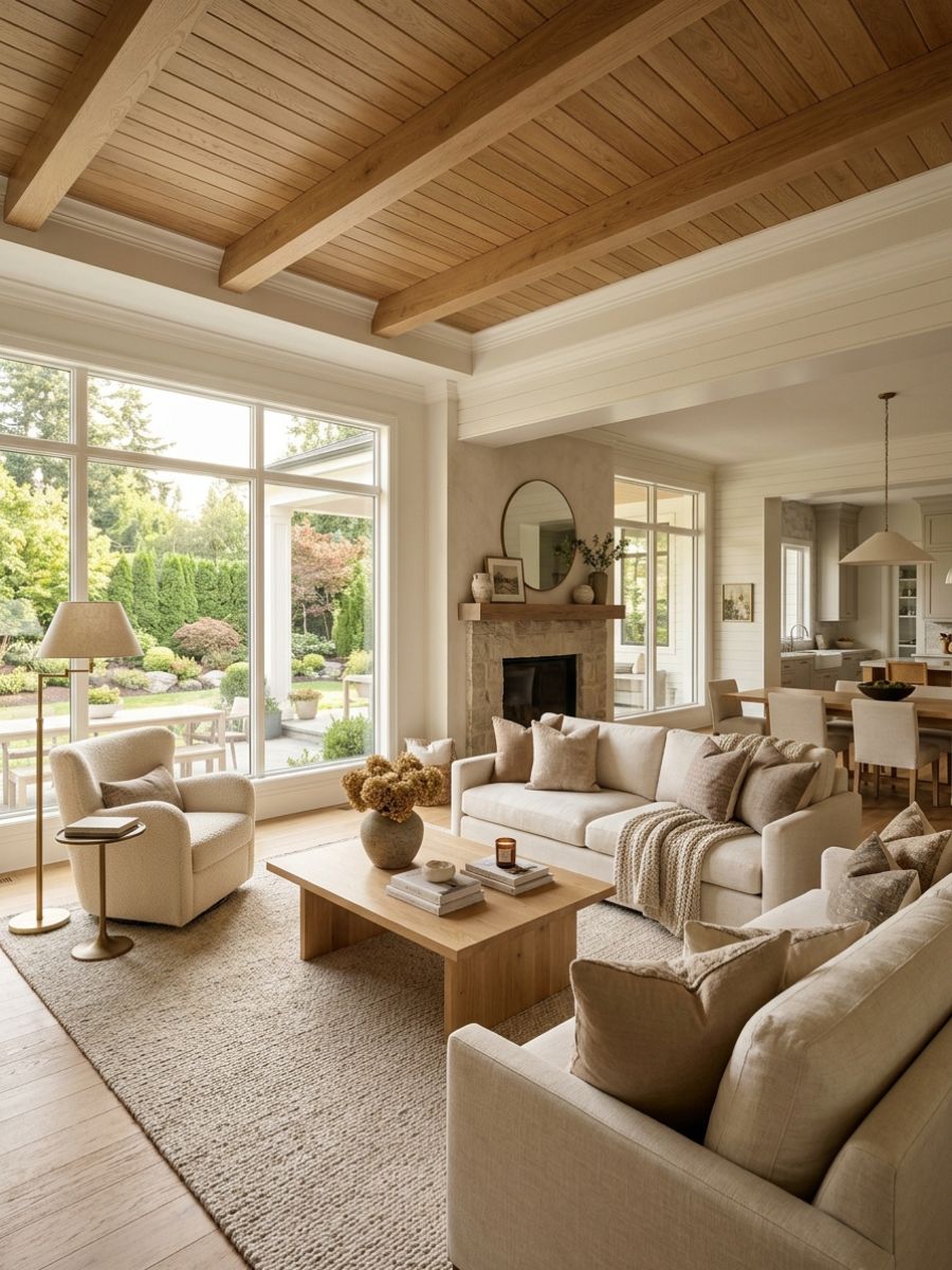 elegant living room with sunlight, soft upholstery, warm wood beams, and open flow to adjoining room