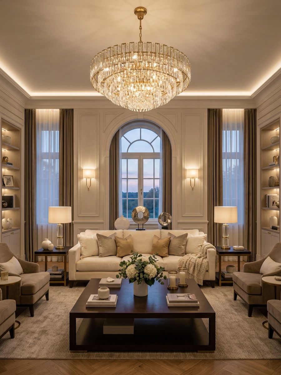 elegant living room with long sofa, perfectly balanced decor, oversized light fixture, and warm evening lighting