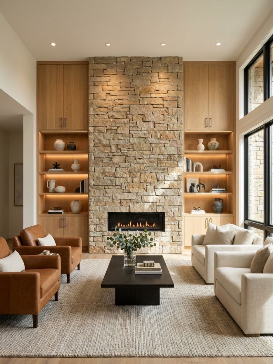 elegant living room with stacked stone fireplace wall, leather seating, and built-in cabinetry