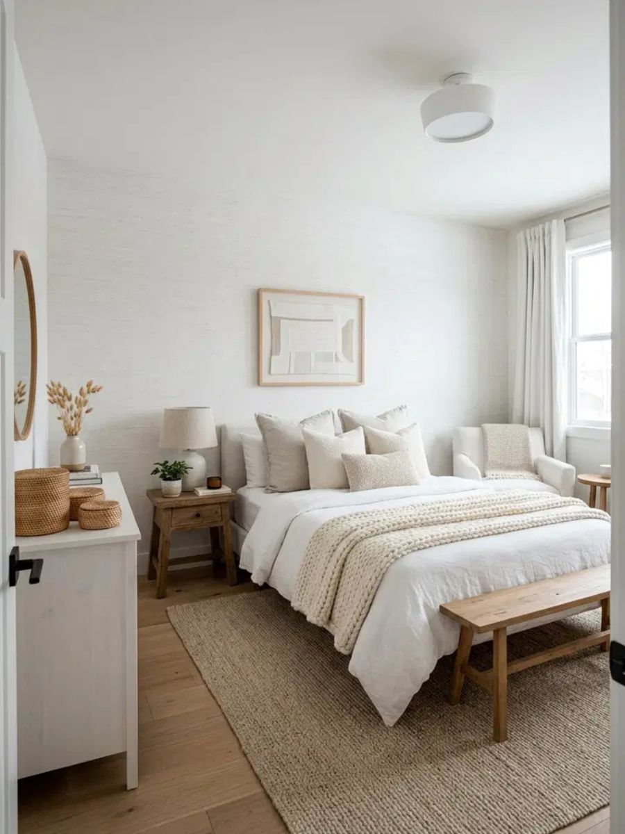 Textured white bedroom with linen duvet, chunky wool throw and velvet pillows for tactile richness